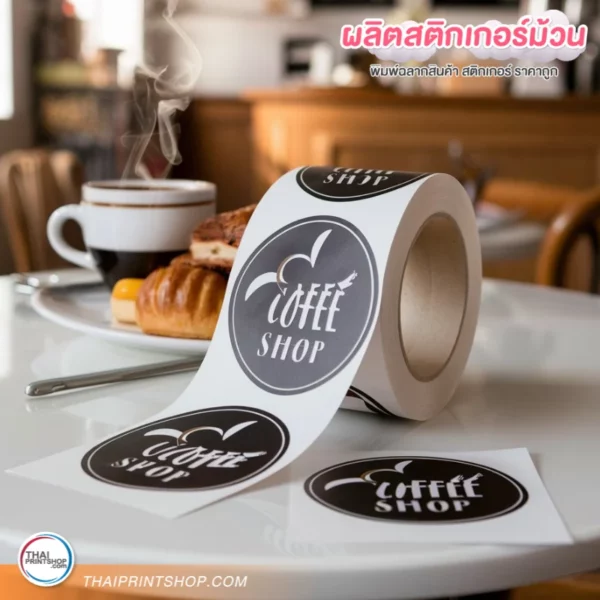 สติ๊กเกอร์ม้วนที่มีลวดลายสไตล์มินิมอลบนโต๊ะในบรรยากาศร้านกาแฟ สติ๊กเกอร์เป็นวงกลม พื้นหลังสีเข้ม มีข้อความว่า “COFFEE SHOP” พร้อมภาพกราฟิกสัญลักษณ์กาแฟ